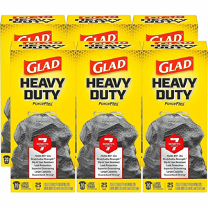 Glad ForceFlex Heavy-Duty Large Drawstring Trash Bags - Large Size - 30 gal Capacity - 0.90 mil (23 Micron) Thickness - Drawstring Closure - Black - Home, Office, Can - 25/Box - 6 / Carton
