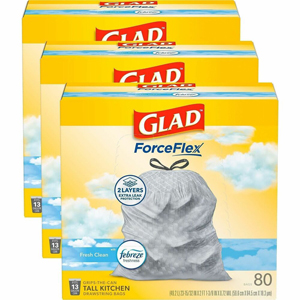 Glad ForceFlex Tall Kitchen Drawstring Trash Bags - Fresh Clean with Febreze Freshness - 13 gal Capacity - 0.72 mil (18 Micron) Thickness - Drawstring Closure - White - Kitchen, Home, Office, Garbage, Breakroom, Cafeteria, School, Restaurant, Commercial -