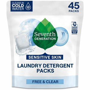 Seventh Generation Laundry Detergent - For Laundry - Citrus & Cedar, Free & Clear Scent - Recommended For: Stain Remover - Non-toxic, Hypoallergenic, Non-irritating, Cruelty-free, Bio-based, Gluten-free, Dye-free, No-mess - White - 45/Pack - 8 / Carton