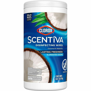 Clorox Scentiva Wipes, Bleach Free Cleaning Wipes - Ready-To-Use - Coconut & Water Lily Scent - Bleach-free, Disinfectant, Deodorize - White - 75/Tub - 1 Each