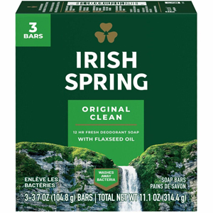 Irish Spring Deodorant Bar Soap with Flaxseed Oil - Original Clean Scent - 3.75 oz - Bacteria Remover - Skin, Hand - Green - Paraben-free, Phthalate-free, Gluten-free, Recyclable - 3/Pack - 18 / Carton