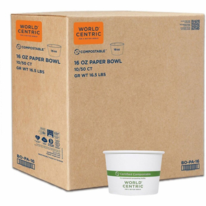 World Centric Compostable White Paper Bowl - Food, Soup, Ice Cream, Commercial - Disposable - White - Paper Body - 50/Pack - 10 / Carton