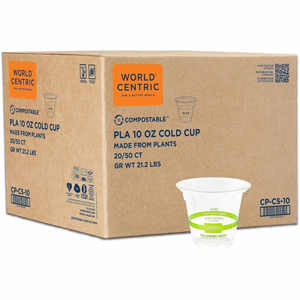 World Centric Compostable Clear Cold Cups - 10 fl oz - Clear - Polylactic Acid (PLA) - Cold, Cafe, Restaurant, Cold Drink, Iced Coffee, Iced Tea, Smoothie, Water - 50/Pack - 20 / Carton