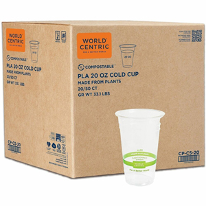 World Centric Compostable Clear Cold Cups - 20 fl oz - Clear - Polylactic Acid (PLA) - Cold, Iced Coffee, Iced Tea, Cold Drink, Smoothie, Water, Cafe, Restaurant - 50/Pack - 20 / Carton