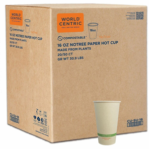 World Centric Compostable NoTree Paper Hot Cups - 16 fl oz - Natural - Paper - Hot Drink, Beverage, Coffee, Tea, Hot Chocolate, Cafe, Restaurant - 50/Pack - 20 / Carton