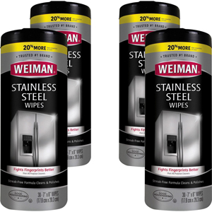 Weiman Stainless Steel Wipes - Streak-free, Fingerprint Resistant, Dust Resistant, Dirt Resistant, Pre-moistened, Grease Resistant, pH Neutral - White - 30/Tub - 4 / Carton