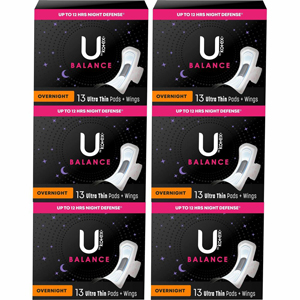U by Kotex Ultra Thin Overnight Pads - With Wings - Absorbent, Odor-absorbing, Individually Wrapped, Anti-leak - 13/Box - 6 / Carton