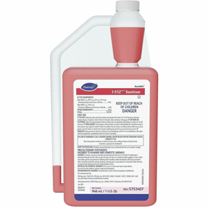 Diversey J-512 Sanitizer - For Multipurpose - Concentrate - Liquid - 32 fl oz (1 quart) - 7.9 pH - Quaternary Scent - Recommended For: Bacteria Remover - No-rinse, Kosher - Red - 6 / Carton