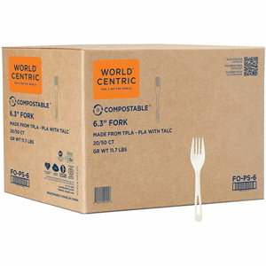 World Centric Compostable White Cutlery - Fork - Fork - Dishwasher Safe - Talc-filled Polylactic Acid (TPLA) - White - 50/Pack - 20 / Carton
