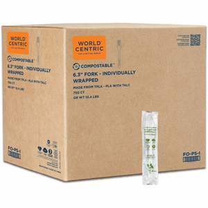 World Centric TPLA Wrapped Cutlery - Fork - Fork - Dishwasher Safe - Talc-filled Polylactic Acid (TPLA) - Light Beige - 750 / Carton