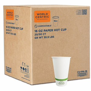 World Centric Compostable White Paper Hot Cups - 16 fl oz - White - Polylactic Acid (PLA) - Hot Drink, Coffee, Tea, Hot Chocolate, Cafe, Restaurant - 50/Pack - 20 / Carton