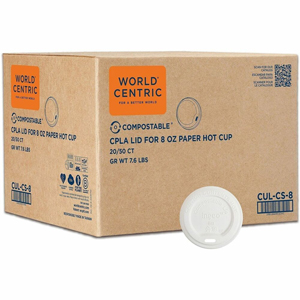 World Centric 8oz Compostable Hot-Cup Sip Lids - Round - Polylactic Acid (PLA) - White - 50/Pack - 20 / Carton