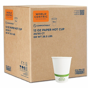 World Centric Compostable White Paper Hot Cups - 12 fl oz - White - Polylactic Acid (PLA) - Hot Drink, Coffee, Tea, Hot Chocolate, Cafe, Restaurant - 50/Pack - 20 / Carton