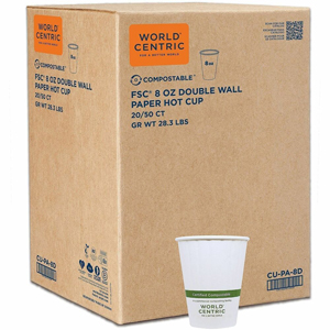 World Centric Compostable Double-Wall Paper Hot Cups - 8 fl oz - White - Paper - Cafe, Hot Drink, Tea, Coffee, Hot Chocolate - 50/Pack - 20 / Carton