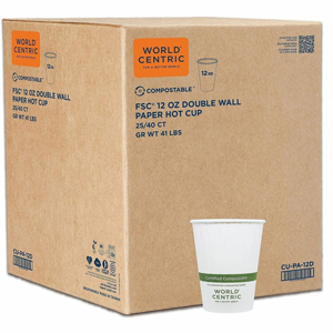 World Centric Double Wall Paper Hot Cups - 12 fl oz - Leak Proof Closure - White - Paper - Hot Drink, Coffee, Tea - 40 Cups/Pack - 25 / Carton