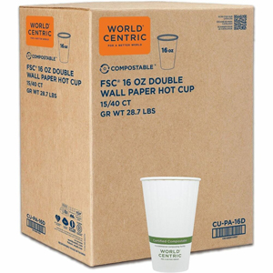 World Centric Compostable Double-Wall Paper Hot Cups - 16 fl oz - Leak Proof Closure - White - Paper - Hot Drink, Coffee, Tea, Coffee Shop, Cafe, Cold - 40/Pack - 15 / Carton