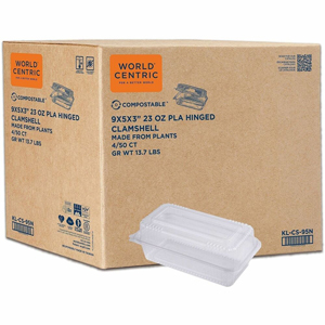 World Centric Compostable Clear Hinged Container - Food, Food Storage, Salad, Sandwich, Fruit - Clear - Polylactic Acid (PLA), Plastic Body - 200 / Carton