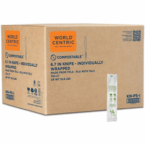 World Centric TPLA Wrapped Cutlery - Knife - Knife - Food, Cafeteria - Dishwasher Safe - Disposable - Talc-filled Polylactic Acid (TPLA), PLA (PolyLactic Acid) Plastic - White - 750 / Carton