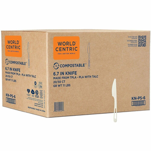 World Centric Compostable White Cutlery - Knife - Knife - Dishwasher Safe - Talc-filled Polylactic Acid (TPLA) - White - 50/Pack - 20 / Carton