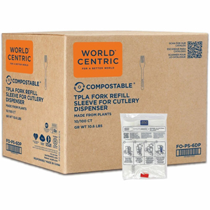 World Centric Compostable White Utensil Refill Sleeves - Fork - Fork - Breakroom, Cafeteria - Talc-filled Polylactic Acid (TPLA) - Light Beige, White - 1000 / Carton