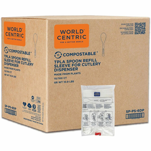 World Centric Compostable White Utensil Refill Sleeve - 1000 Piece(s) - Spoon - Spoon - Breakroom, Cafeteria, Food - Talc-filled Polylactic Acid (TPLA) - Light Beige, White - 1000 / Carton