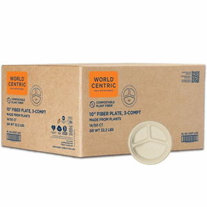 World Centric Compostable Fiber Plates - Food, Picnic, Commercial, Party - Natural - Fiber, Bamboo Body - 50/Pack - 14 / Carton
