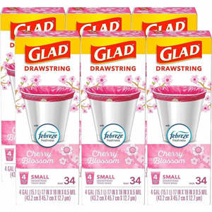 Glad Odorshield Small Drawstring Trash Bags - Cherry Blossom - Small Size - 4 gal Capacity - 18