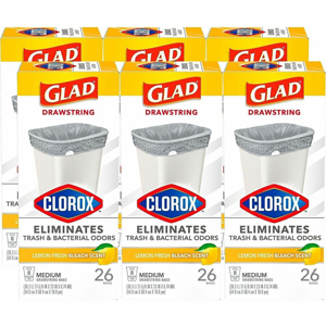 Glad Medium Drawstring Trash Bags with Clorox - Lemon Fresh Bleach - Medium Size - 8 gal Capacity - Drawstring Closure - White - Garbage, Can, Bathroom, Kitchen - 26/Box - 6 / Carton