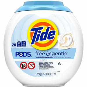 Tide PODS Free & Gentle Detergent - For Washing Machine, Laundry, Clothes - Concentrate - Pod - 56 oz (3.50 lb) - Recommended For: Stain Remover - Hypoallergenic, Dye-free, Color Safe, Unscented, Non-irritating - White - 76/Tub - 4 / Carton