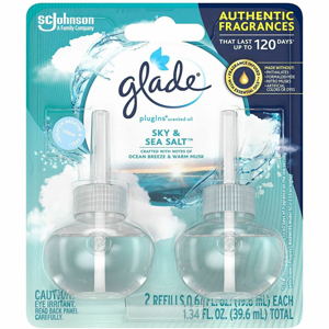 Glade PlugIns Refill - Oil - 550 Sq. ft. - 0.6 fl oz (0 quart) - Sky & Sea Salt - 60 Day - Paraben-free, Phthalate-free, Nitro Musk Free, Formaldehyde-free, Long Lasting - 2/Pack - 6 / Carton