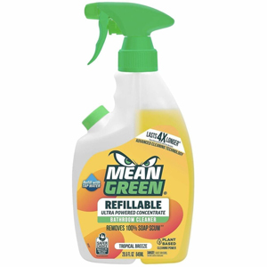 Mean Green Refillable Bathroom Cleaner - For Bathroom, Multi Surface - Concentrate - Spray, Liquid - 28.6 fl oz (0.9 quart) - 2 to 3.5 pH - Tropical Breeze Scent - Recommended For: Soap Scum Remover, Stain Remover - Bleach-free, Refillable, Residue-free -