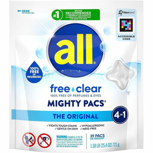 all Free Clear Mightypacs Laundry Pods - For Clothes, Laundry, Washing Machine, Septic Tank - Pod - Recommended For: Stain Remover, Pet Dander Remover, Dust Mite Remover, Pollen Remover - Dye-free, Skin-friendly, Hypoallergenic, Fragrance-free, Unscented,