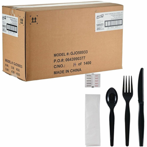 Genuine Joe 6-Piece Heavyweight Utensil Kit - 6 Piece(s) - Cutlery Set - Spoon - Fork - Knife - Breakroom - Disposable - Polystyrene - Black - 1 Carton