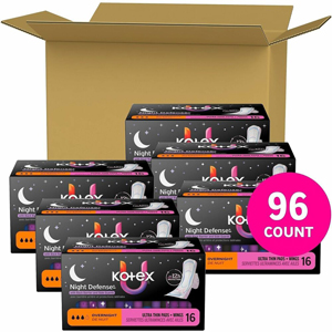 U by Kotex Ultra Thin Overnight Pads - With Wings - Overnight - Absorbent, Anti-leak, Hypoallergenic, Chlorine-free - 16/Box - 6 / Carton