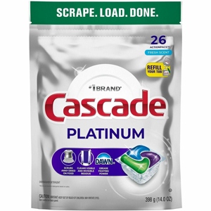 Cascade Platinum Plus ActionPacs - For Dish, Dishwasher, Glassware, Pot, Pan - Pod - Recommended For: Grease Remover, Food Remover, Residue Remover, Dried-on Food Remover, Hard Water Remover - Phosphate-free - Silver - 26 Pods - 4 / Carton