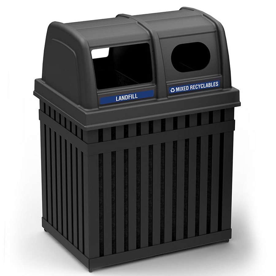Commercial Zone 50-Gallon Parkview2 Double Steel-Slotted Recycling & Waste Container With Oval & Rectangular Opening Black 