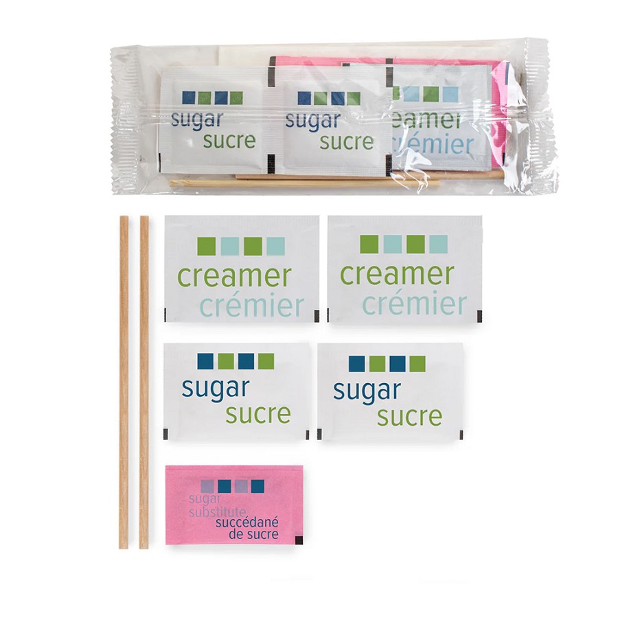 Amenity Services Condiment Double -Clear, Double Sugar, Creamer,  Wood Stirrer, Single Pink Sweetner 500 Per Case Price Per Case 