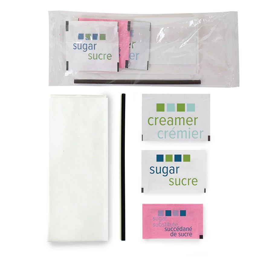 Amenity Services Condiment Single - Clear, Single Sugar, Pink Sweetner, Cream, Plastic Stirrer, Napkin 500 Per Case Price Per Case 