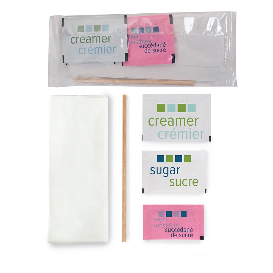 Amenity Services Condiment Single - Clear, Single Sugar, Pink Sweetener, Creamer, Wood Stirrer, Napkin 500 Per Case Price Per Case 