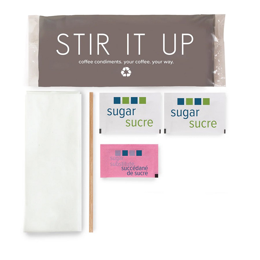 Amenity Services Stir It Up Recyclable Wrapped Condiment Package Double Sugar, Pink Sweetner, Wood Stirrer, Single Napkin 500 Per Case Price Per Case 
