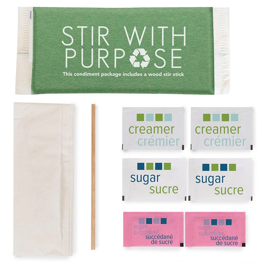 Amenity Services Stir With Purpose Paper Wrapped Condiments Double Sugar, Cream, Sweetner, Single Wood Stirrer, Napkin 500 Per Case Price Per Case 
