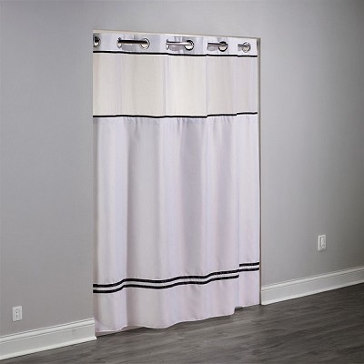 Hookless Escape Polyester Shower Curtain With Window & It’s A Snap! Replaceable Liner 71x77 White/Black Stripes 12 Per Case Price Per Each 