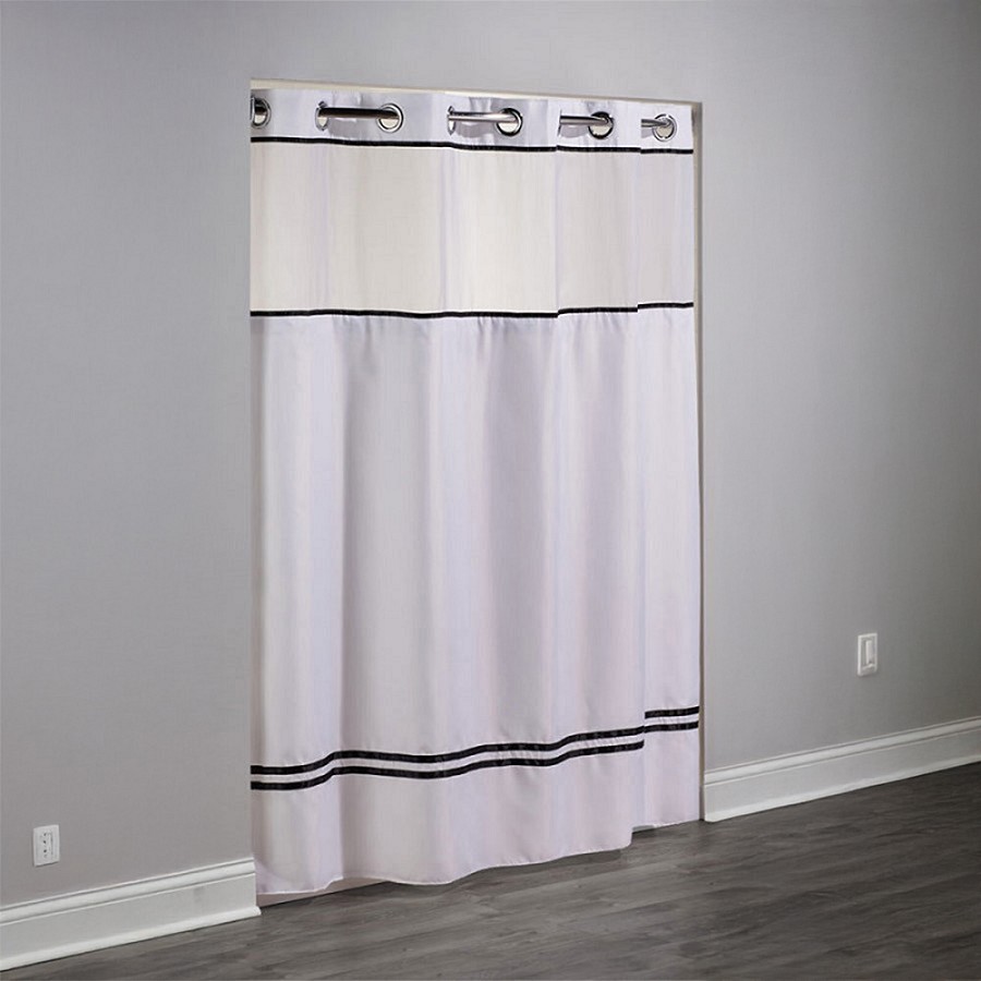 Hookless Escape Polyester Shower Curtain With Window & It’s A Snap! Replaceable Liner 71x77 White/Black Stripes 12 Per Case Price Per Each 