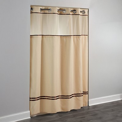 Hookless Escape Polyester Shower Curtain With Window & It’s A Snap! Replaceable Liner 71x74 Sand/Brown Stripes 12 Per Case Price Per Each 