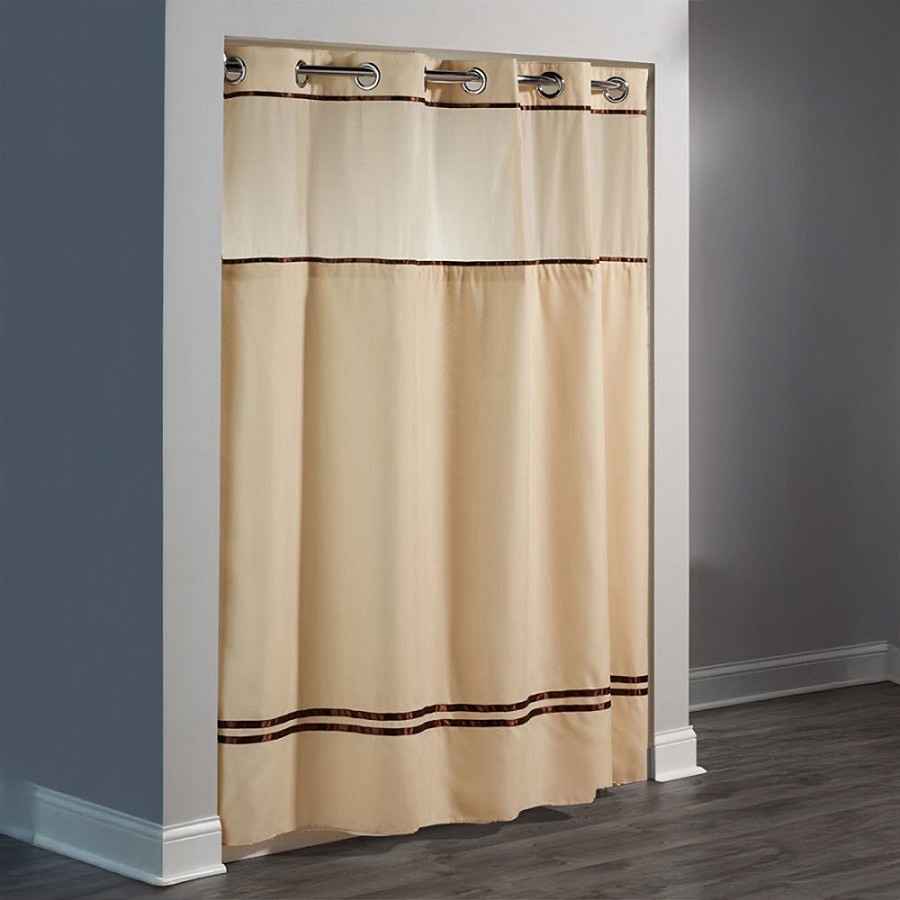 Hookless Escape Polyester Shower Curtain With Window & It’s A Snap! Replaceable Liner 71x77 Sand/Brown Stripes 12 Per Case Price Per Each 