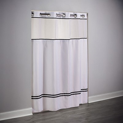 Hookless Escape Polyester Shower Curtain With Window & It’s A Snap! Replaceable Liner 71x74 White/Black Stripes 12 Per Case Price Per Each 