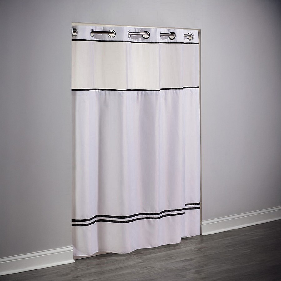 Hookless Escape Polyester Shower Curtain With Window & It’s A Snap! Replaceable Liner 71x74 White/Black Stripes 12 Per Case Price Per Each 