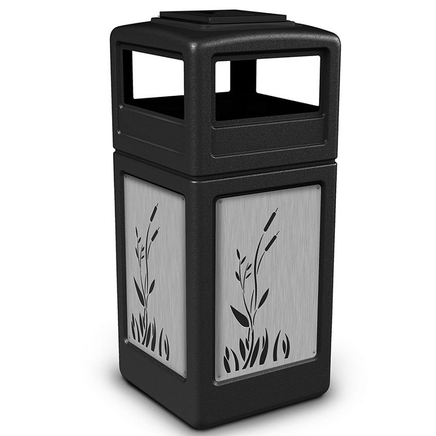 Commercial Zone Precision Series 42-Gallon Stainless Steel Cattails Paneled Waste Container With Ashtray Dome Lid Black 