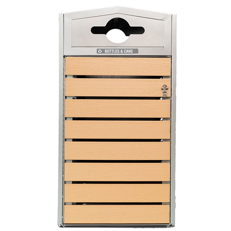 Commercial Zone Woodview 42-Gallon Double-Sided Recycler With Dome Lid Light Oak Plastic Lumber & Stainless Steel 