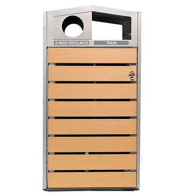 Commercial Zone Woodview 48-Gallon Double-Sided Recycling/Waste Container With Dome Lid Light Oak Plastic Lumber & Stainless Steel 